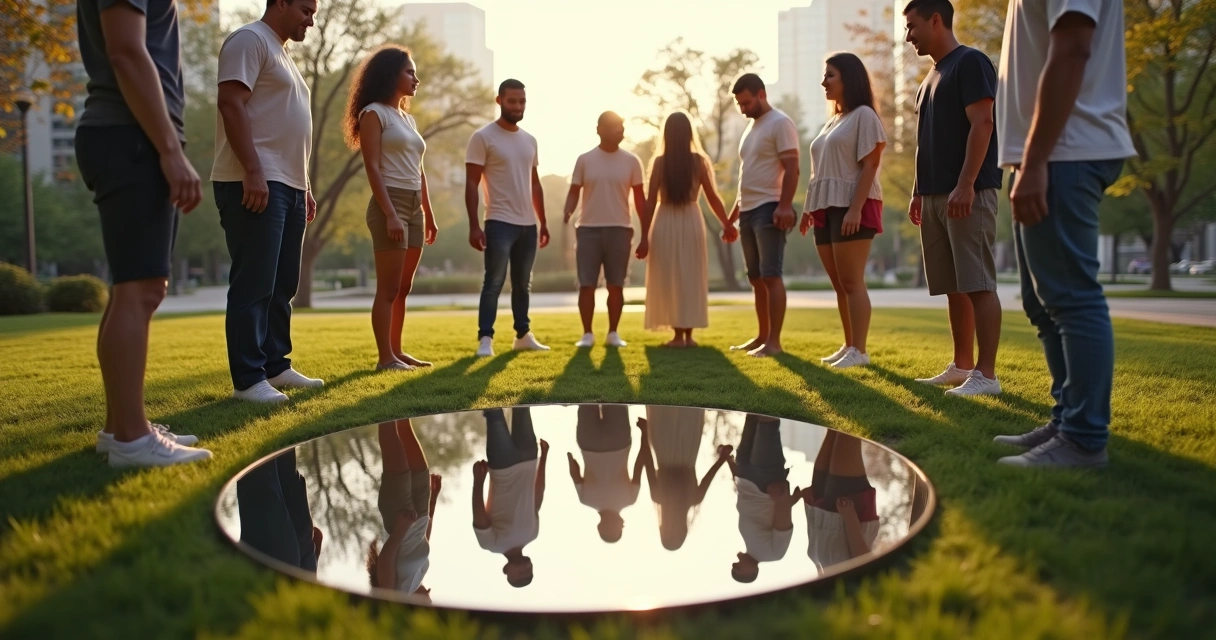 Personas en círculo al aire libre reflejadas en un espejo central redondo 
