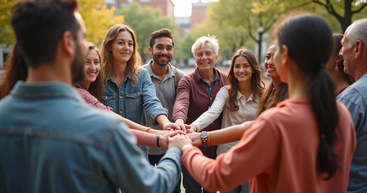 Personas de diferentes edades formando un círculo y uniendo sus manos en el centro 