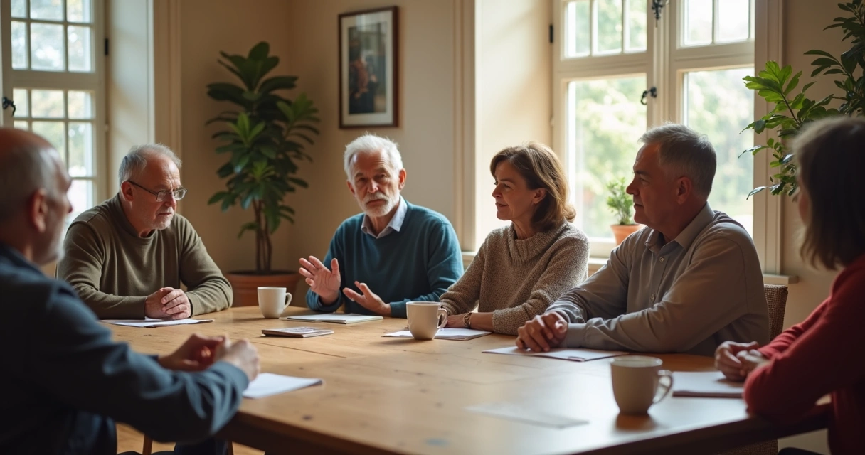 Vecinos reunidos en una mesa resolviendo un conflicto 