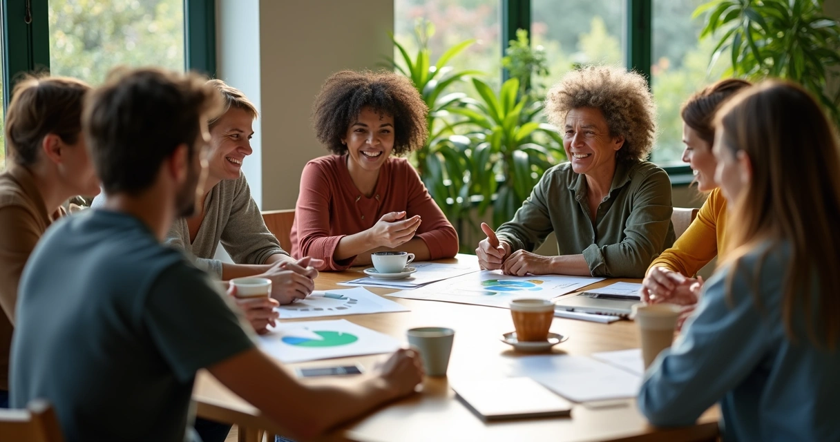 Grupo diverso reunido em uma comunidade discutindo projetos sustentáveis.