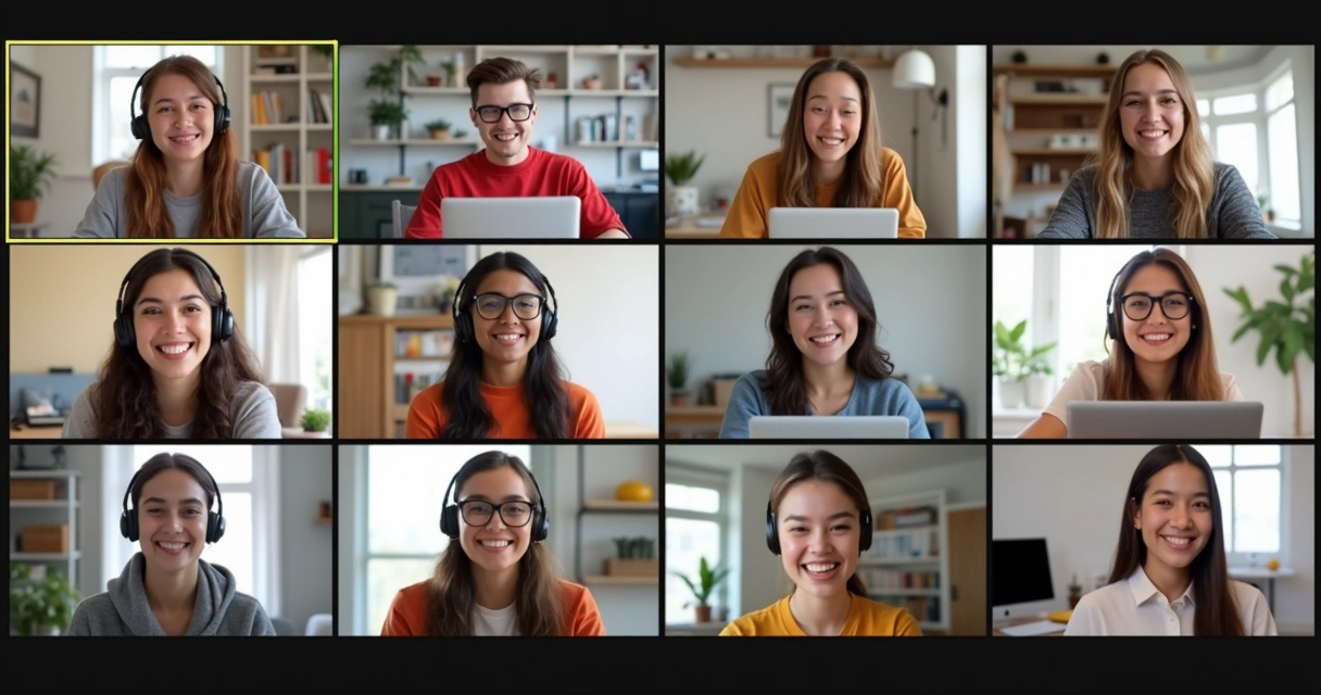 Grupo de alunos em videoconferência trocando ideias online 