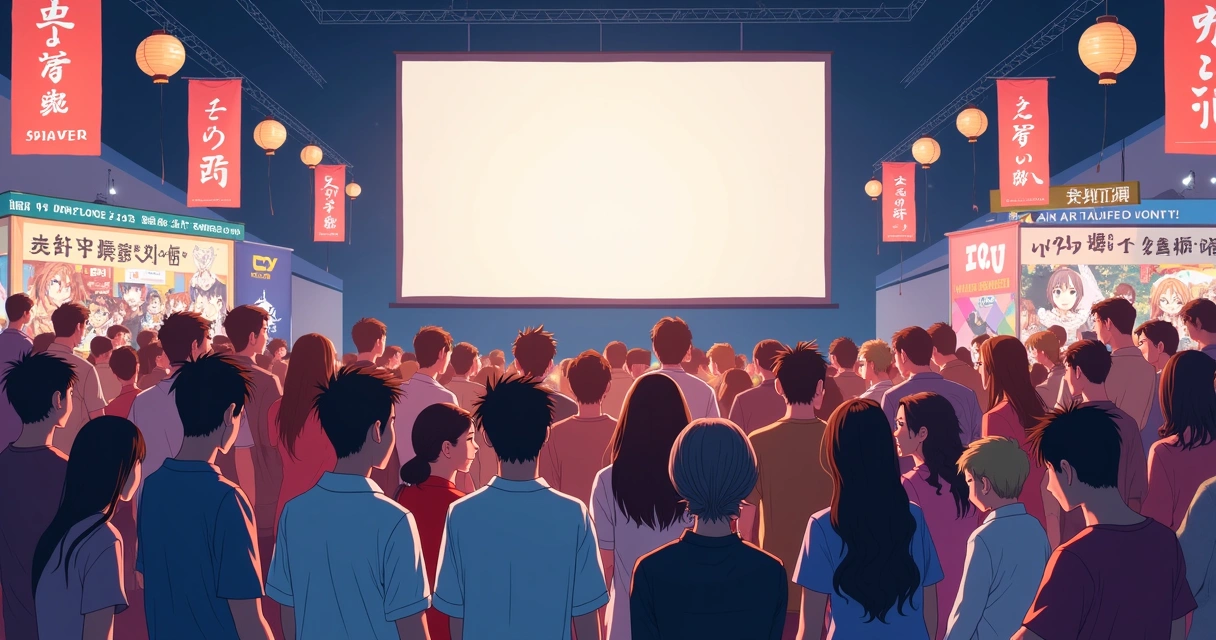 Grupo de pessoas assistindo vídeos em telão em evento de anime, com decoração temática