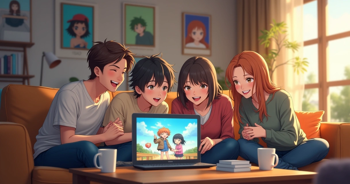 Grupo de amigos comemorando descobertas de anime 