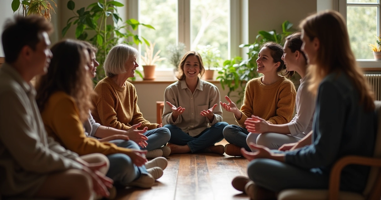 Grupo de pessoas sentadas em círculo, conversando de maneira acolhedora. 