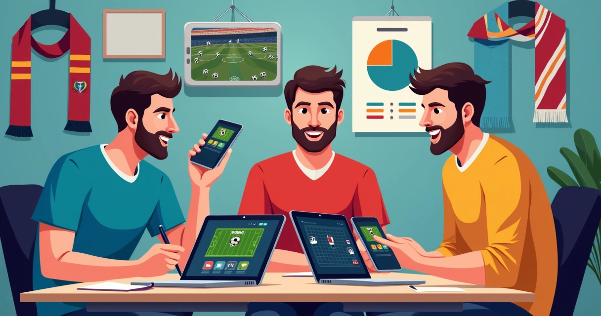 Três amigos olhando para telas com jogos esportivos e gráficos 