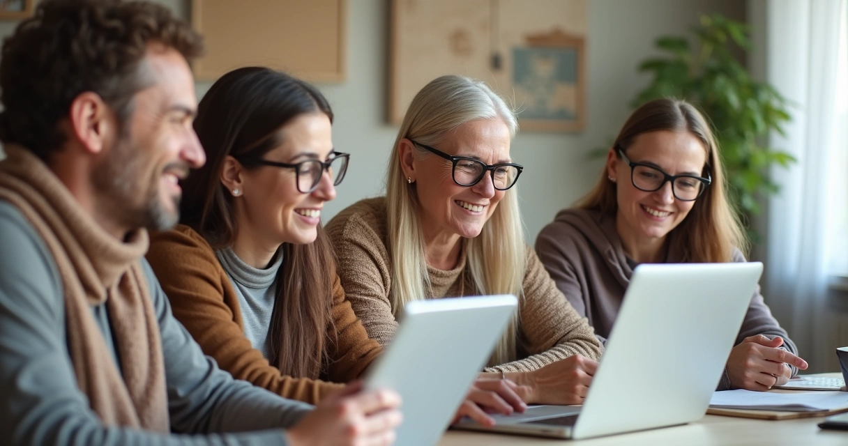 Grupo de adultos acima dos 40 em reunião online 