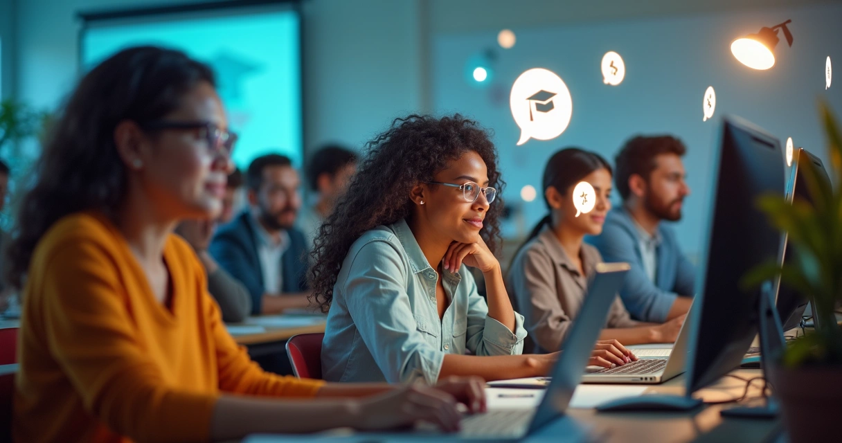 Grupo diversificado de pessoas interagindo em ambiente online de aprendizagem 