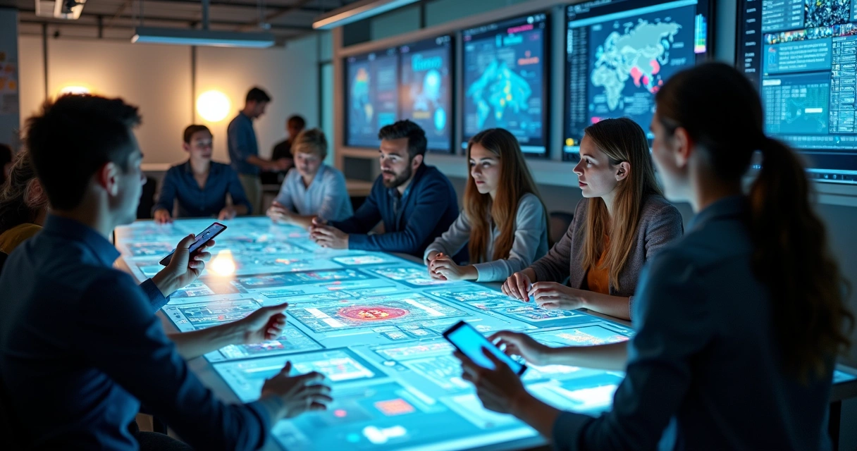 Grupo de pessoas colaborando em um ambiente digital moderno 