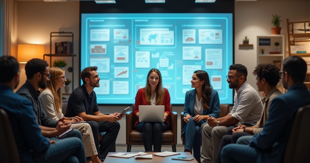 Grupo de pessoas em círculo discutindo em frente a um mural digital 