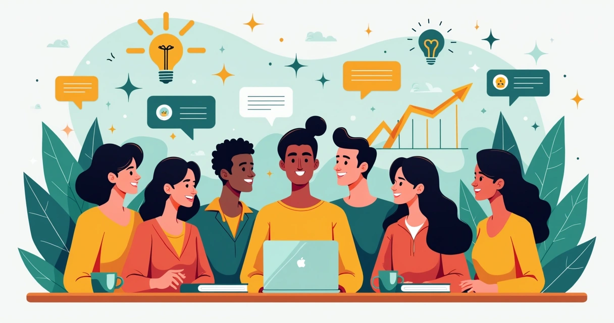 Grupo diverso de pessoas em videoconferência, compartilhando experiências e dicas em ambiente digital.