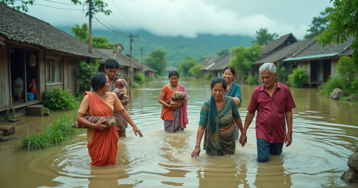 Comunidade asiática ajudando-se em região afetada pela enchente 
