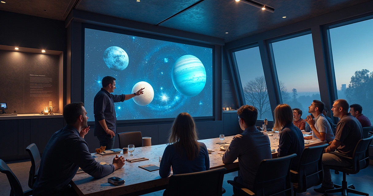 Grupo de astrônomos discutindo diante de telas exibindo imagens de planetas do Sistema Solar 