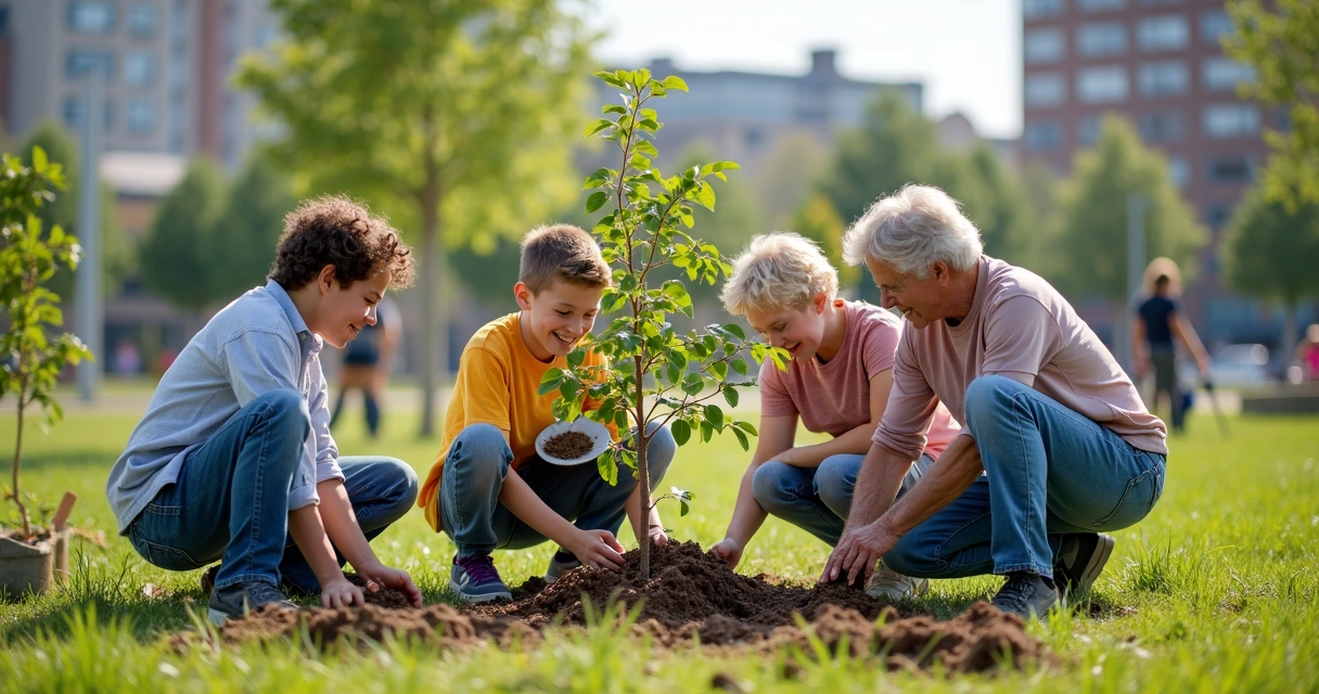 Comunidade realizando ação colaborativa, plantando árvores