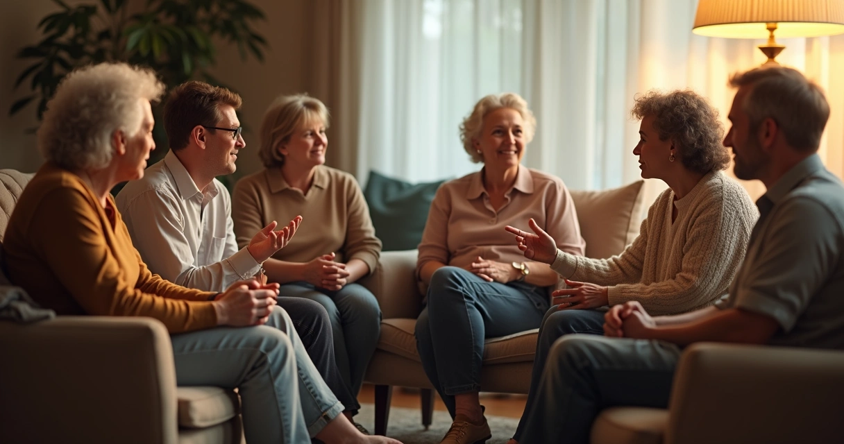 Grupo de adultos conversando em círculo numa sala, mostrando acolhimento 