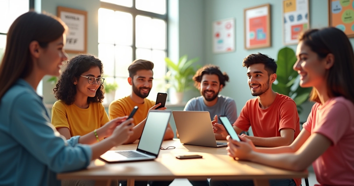 Jovens brasileiros criando conteúdo juntos em sala iluminada 