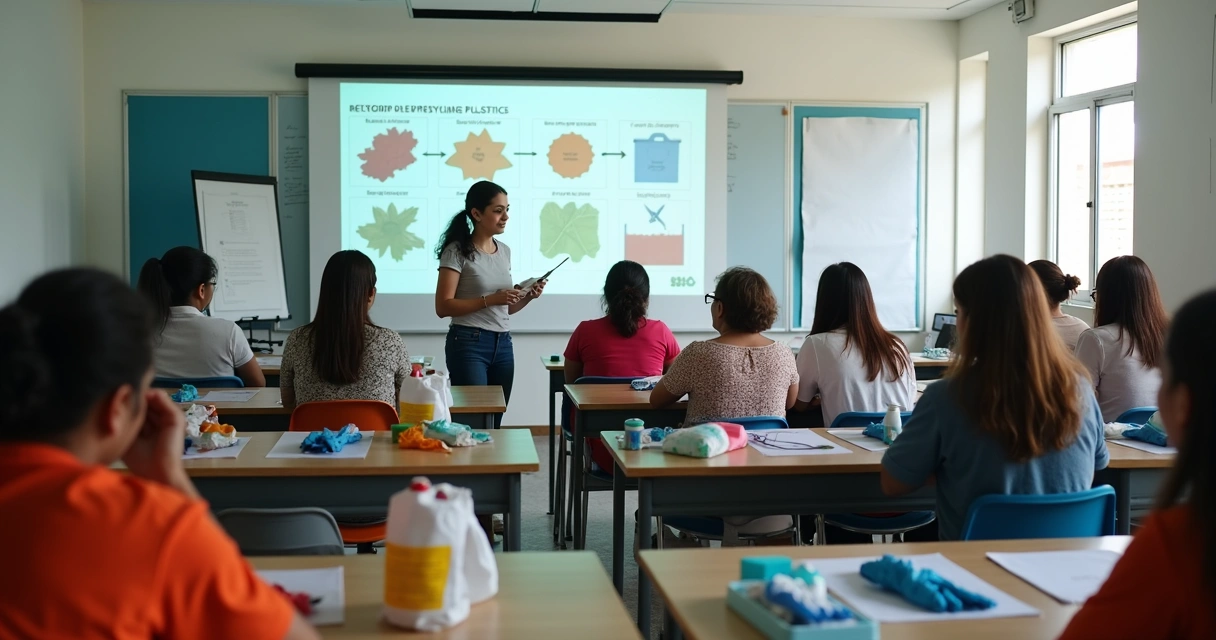 Grupo de pessoas em capacitação sobre reciclagem, com instrutor explicando processos de triagem e separação 