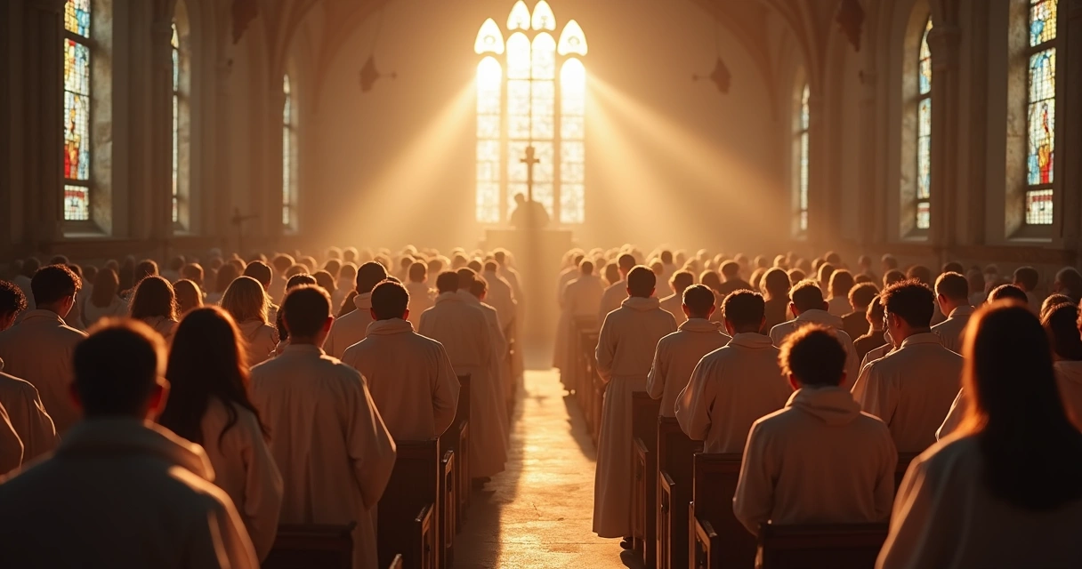 Fiéis católicos reunidos em oração em uma igreja 