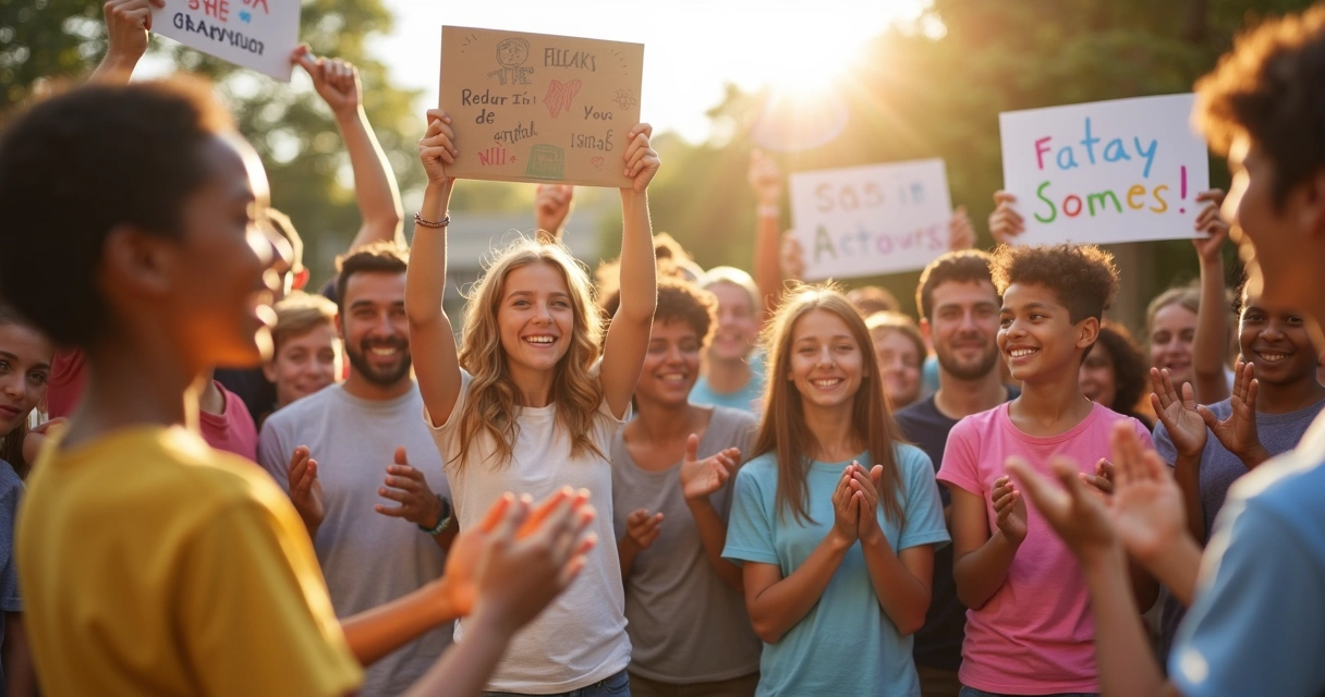 Grupo de comunidade comemorando resultados de projeto social com cartazes 