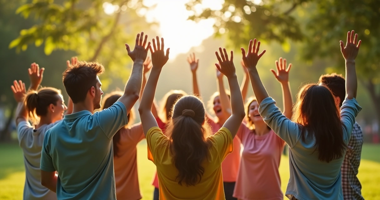 Grupo de pessoas em roda celebrando ao ar livre em um parque 