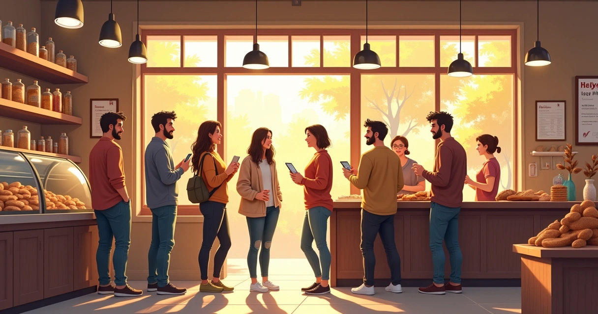 Grupo de clientes conversando em padaria de bairro