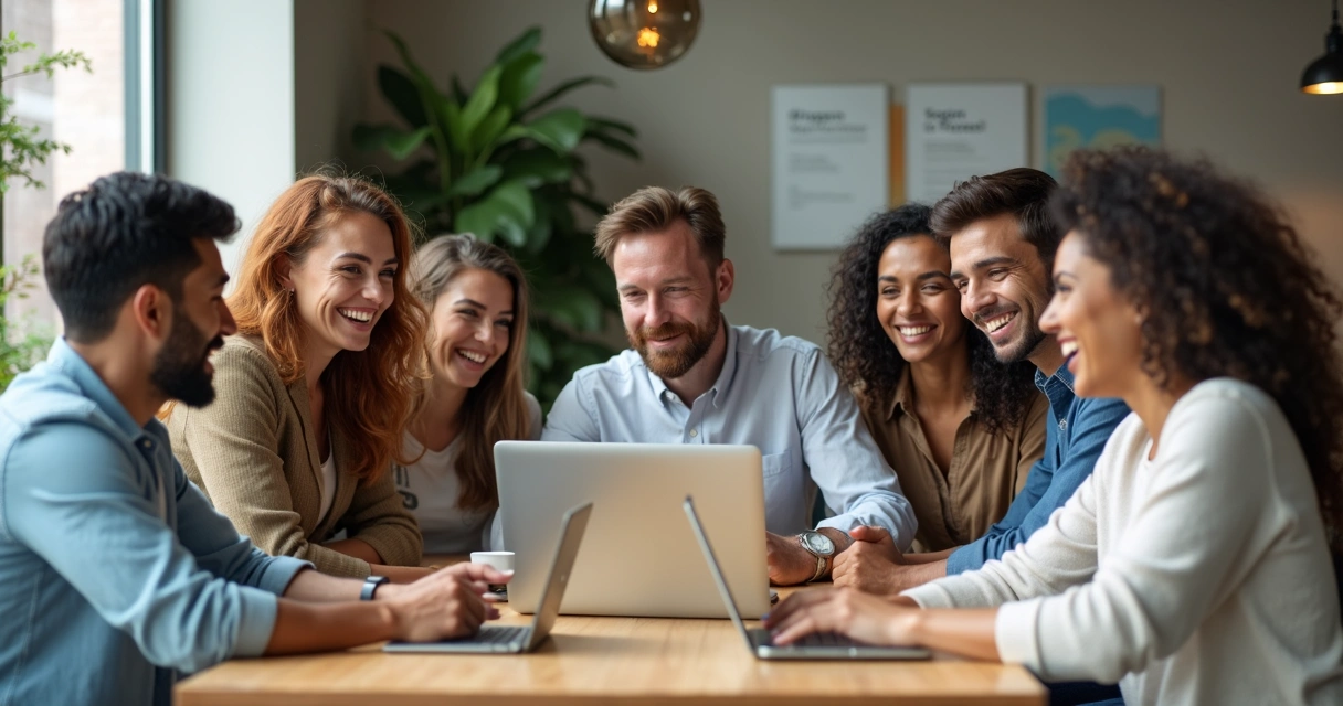 Grupo diverso comemorando juntos em frente a um notebook 