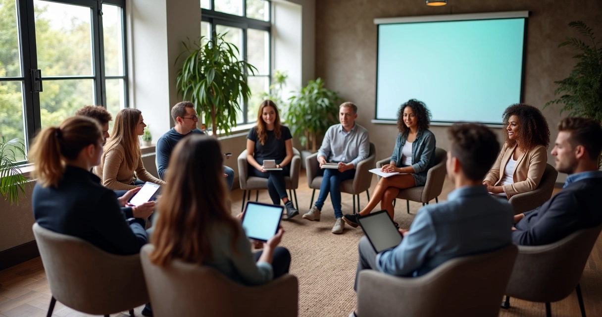 Colaboradores reunidos em roda trocando experiências e aprendizados 