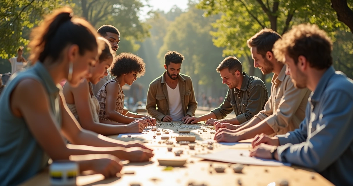 Grupo diverso de pessoas em círculo trabalhando juntas em uma atividade comunitária 
