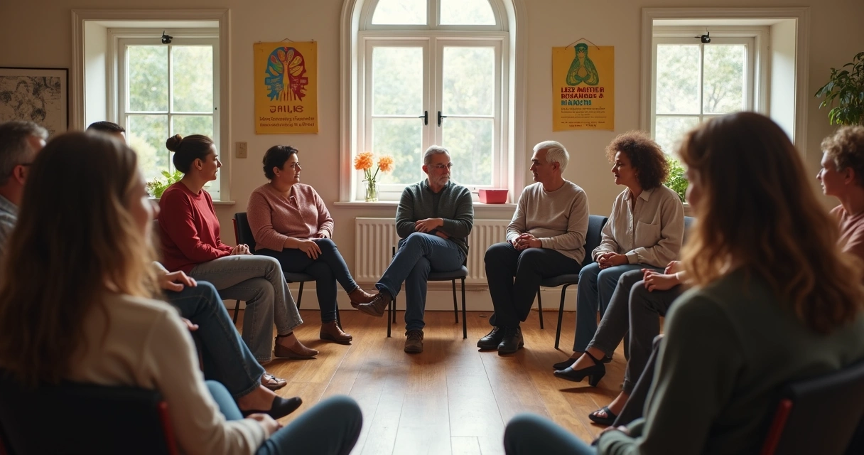 Pessoas conversando em círculo em ambiente comunitário