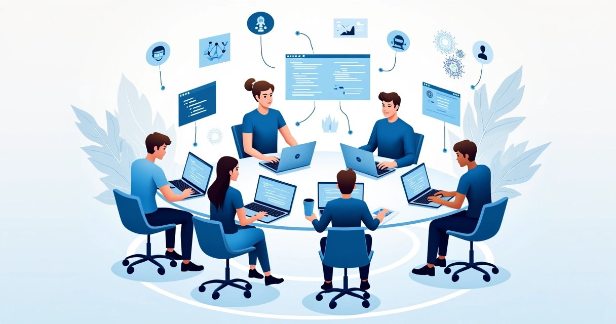 Grupo de desenvolvedores em círculo trabalhando juntos em laptops com códigos e gráficos de IA ao redor