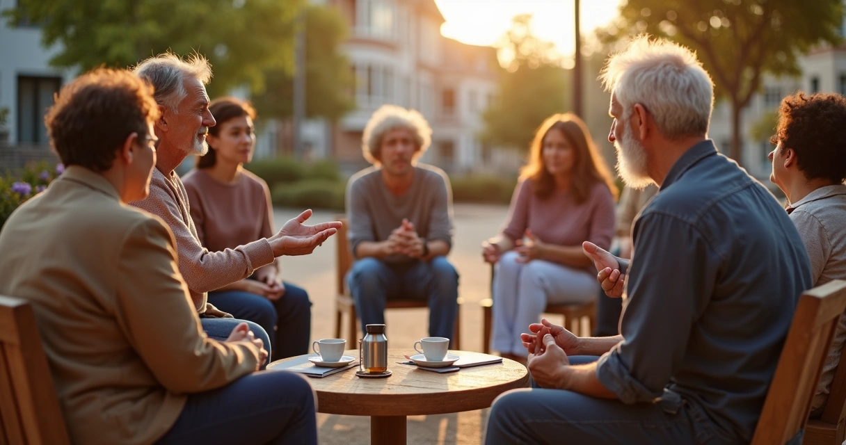 Grupo diverso em roda de conversa praticando escuta e apoio mútuo ao ar livre 