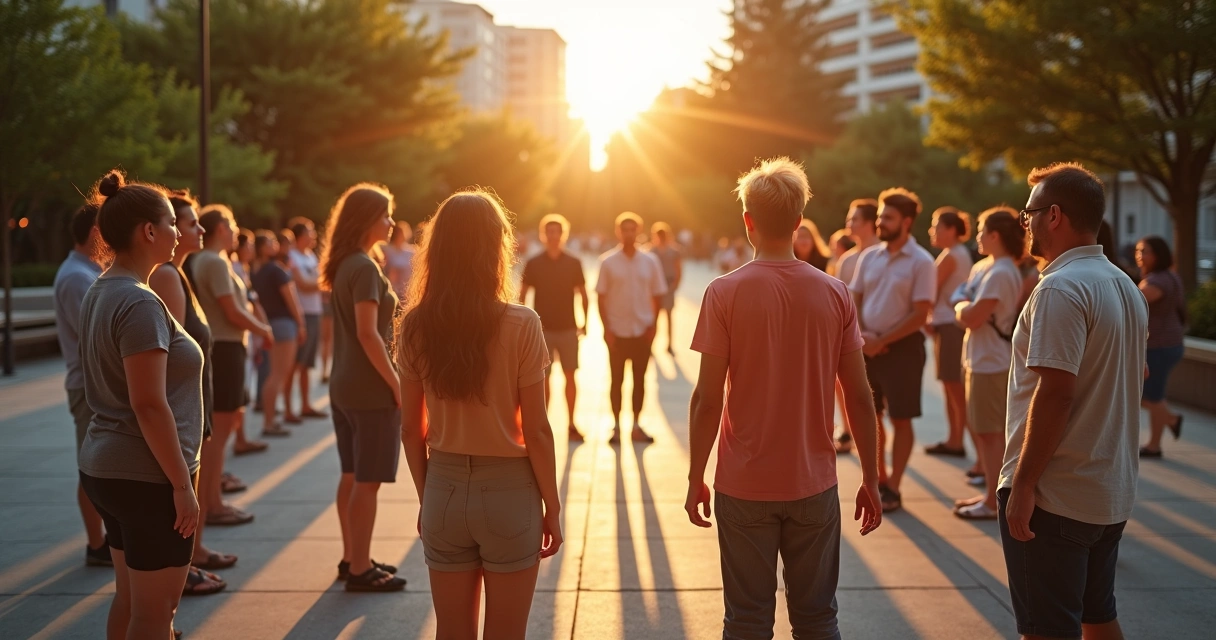 Grupo diverso em círculo ao ar livre conectado por linhas de luz representando consciência coletiva 