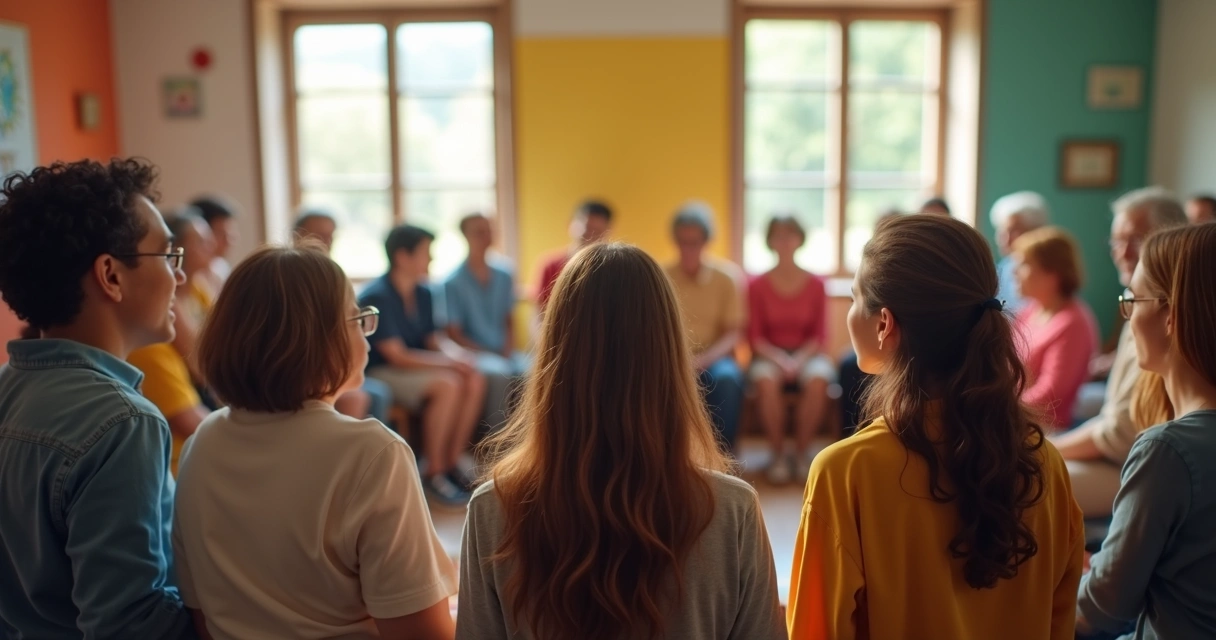Grupo de pessoas formando um círculo num espaço comunitário, com atenção focada no centro 