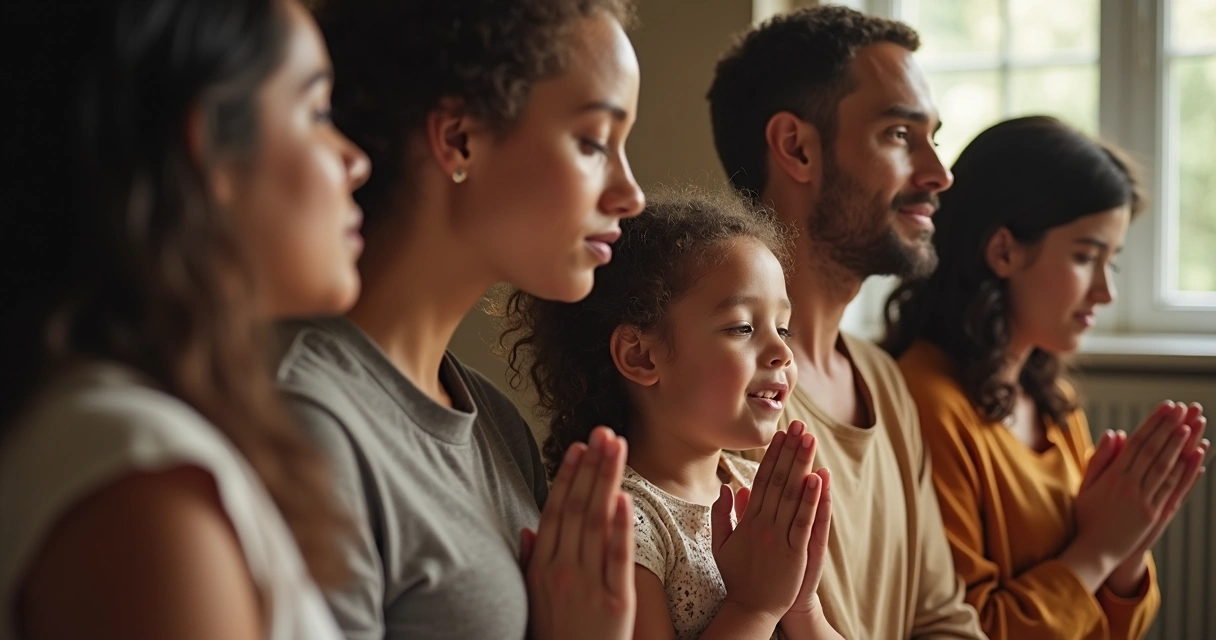Grupo cristão reunido em sala, orando juntos e apoiando família, foco confortável e esperança 