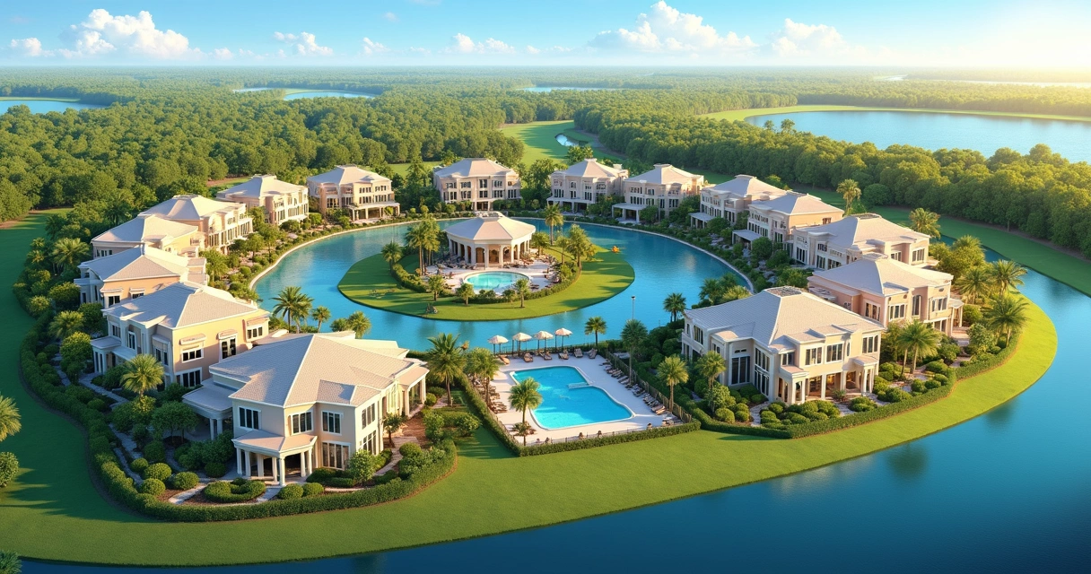 Vista aérea de uma comunidade de casas de férias com piscina em Orlando
