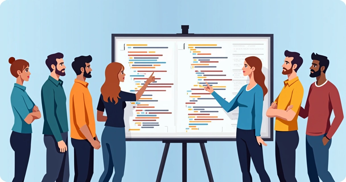 Desenvolvedores discutindo IA em quadro digital durante evento 