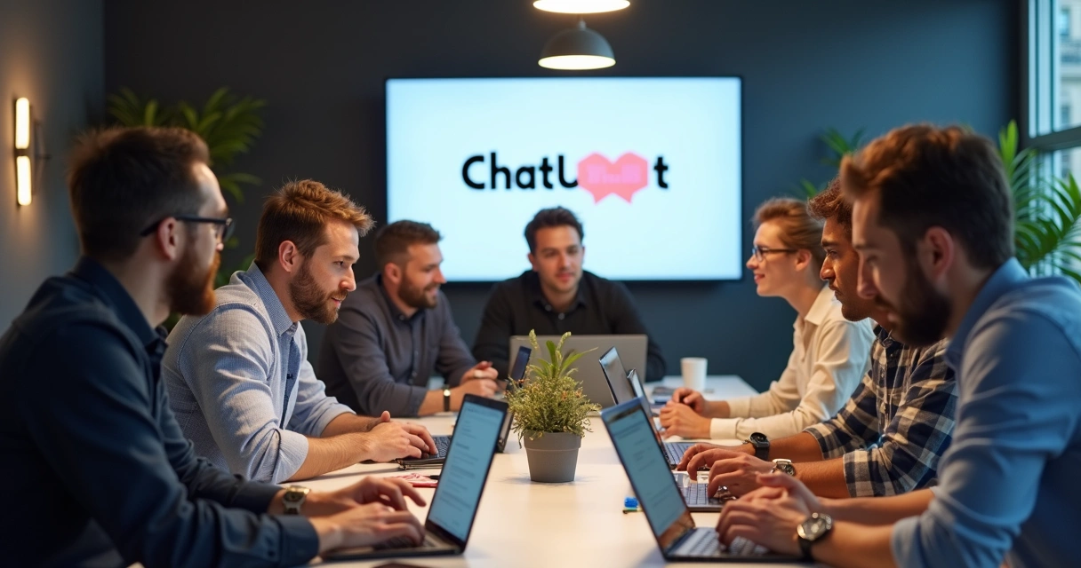 Equipe de desenvolvedores colaborando em sala de reunião 