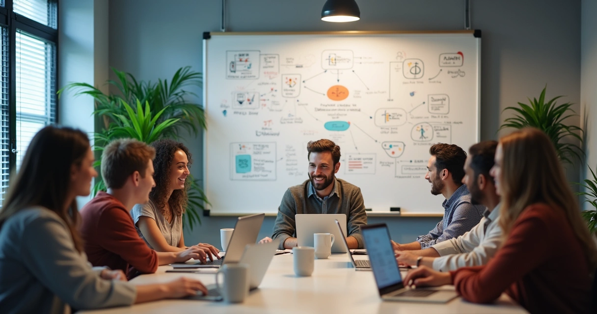 Grupo diverso de desenvolvedores colaborando em computadores e quadros, ambiente de coworking.