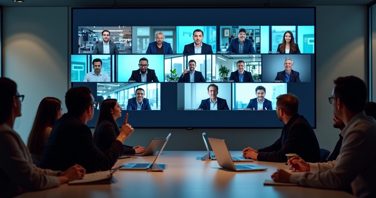 Grupo de profissionais em evento presencial e participantes conectados por videoconferência em telas ao fundo 