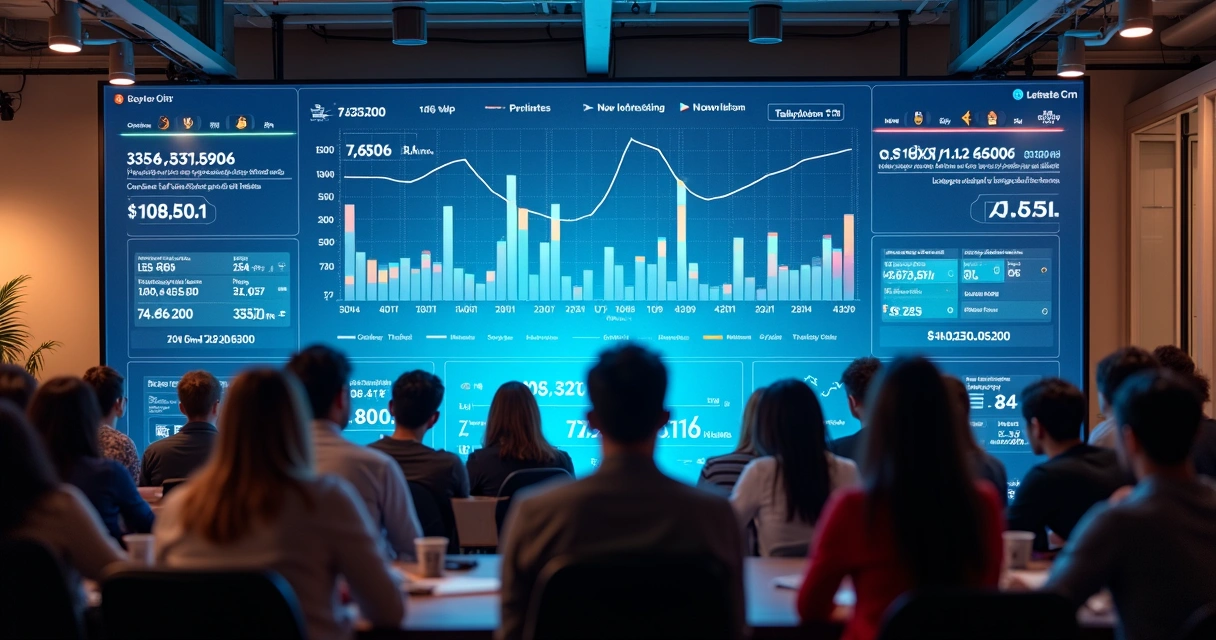 Comunidade de empreendedores digitais reunidos à frente de uma tela com gráficos financeiros digitais 