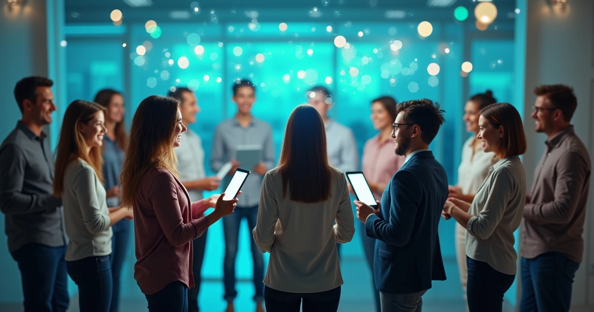 Grupo de pessoas em círculo, conectadas por tecnologia 