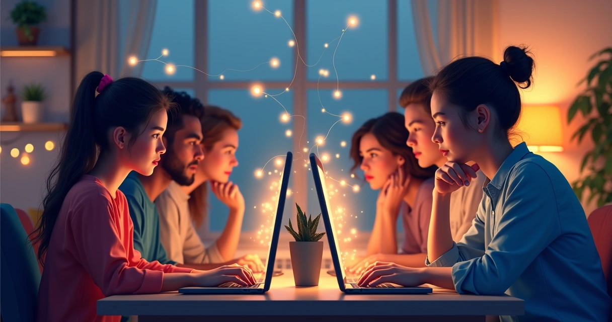 Grupo diverso de pessoas conectadas digitalmente em rede, cada uma em frente ao próprio computador. 