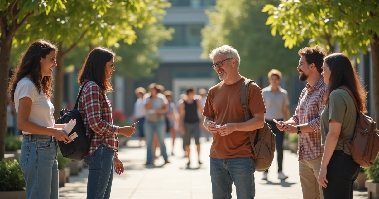 Grupo diverso de pessoas interagindo em uma praça pública, demonstrando respeito e conexão 