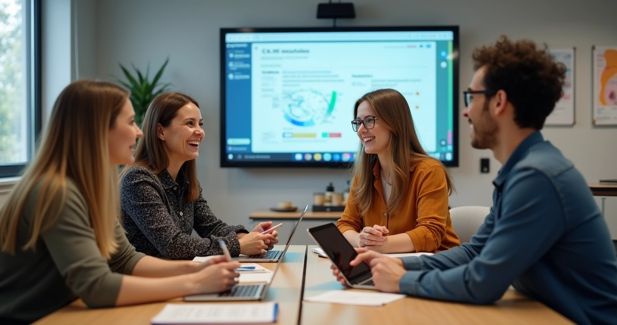 Educadores reunidos em frente ao quadro digital participando de comunidade virtual. 