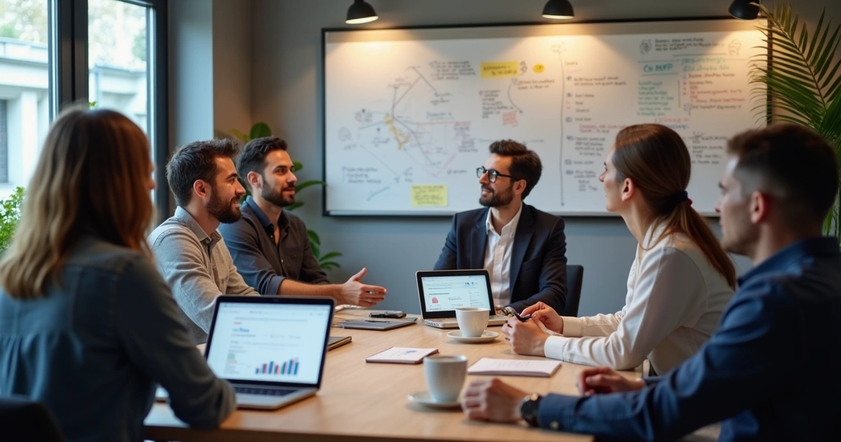 Grupo em reunião analisando produto digital com notebook e quadro 