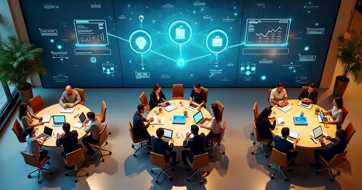 Sala ampla com três grupos de empreendedores em diferentes mesas conectados em rede 