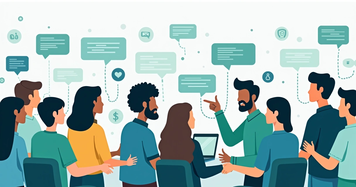 Ilustração corporativa plana de pessoas conectadas em uma comunidade digital com elementos de conversa e engajamento 