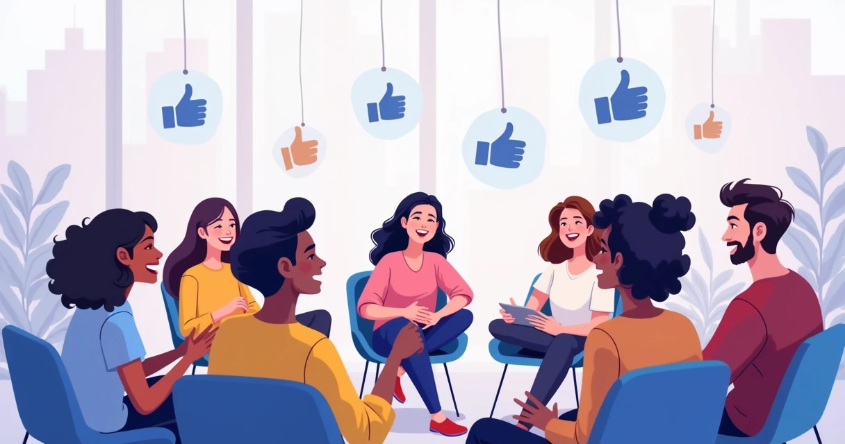 Círculo de pessoas rindo e conversando em ambiente descontraído representando comunidade engajada