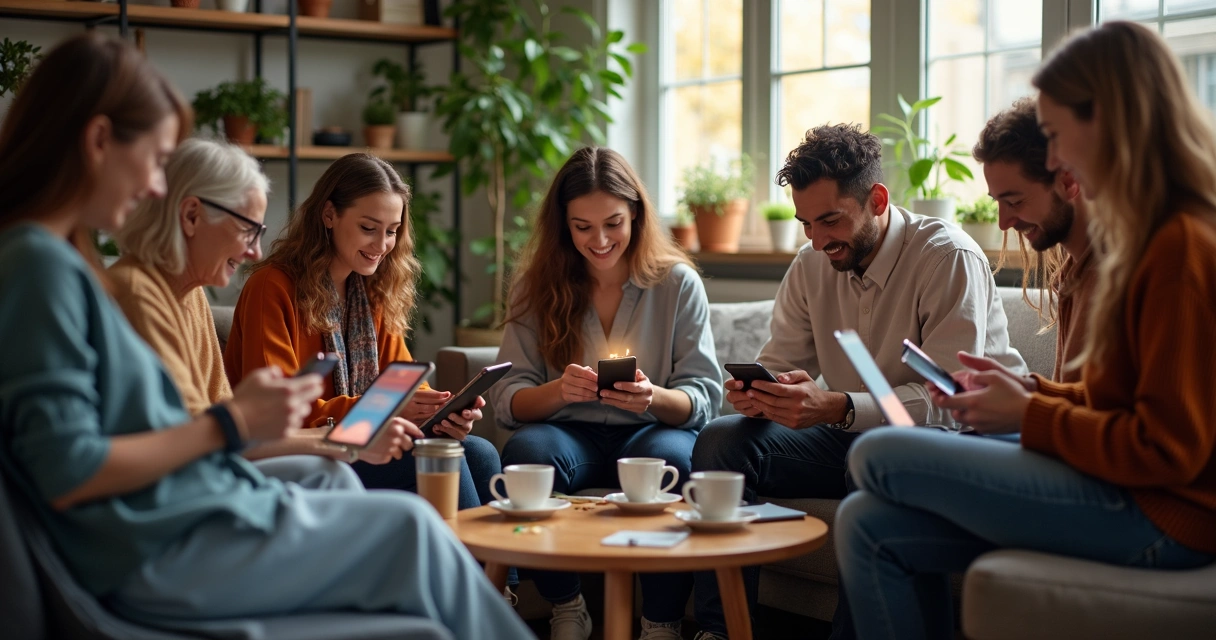 Grupo de pessoas diferentes usando celulares, sentados em círculo, trocando ideias animadas. 