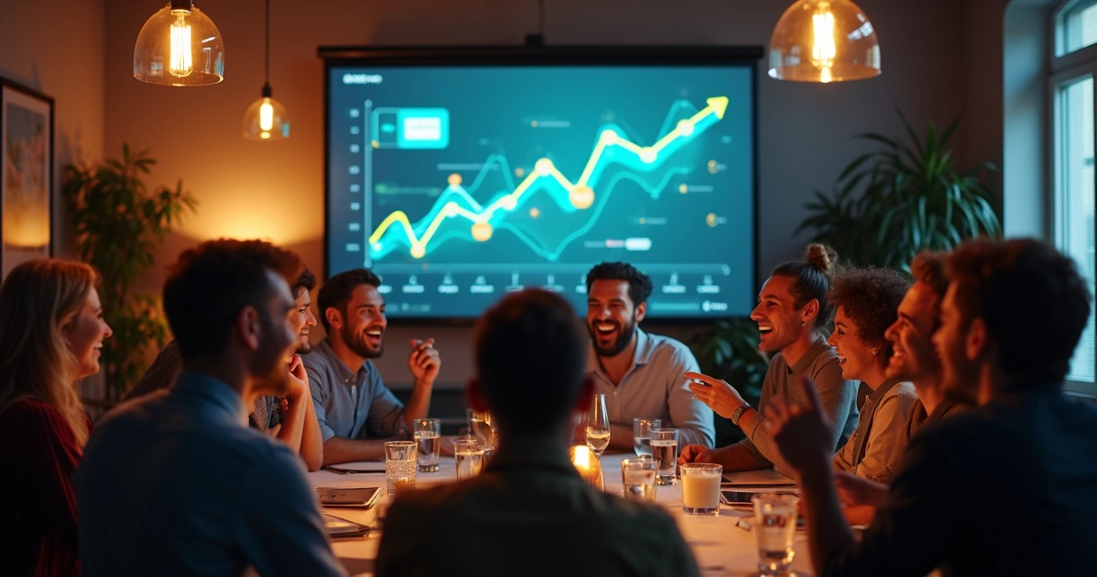 Participantes de grupo virtual comemorando juntos em frente a um telão com gráficos de crescimento