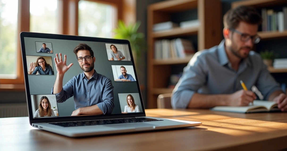 Mentor conduz roda online de conversa com alunos participando por videochamada, exibindo energia de colaboração 